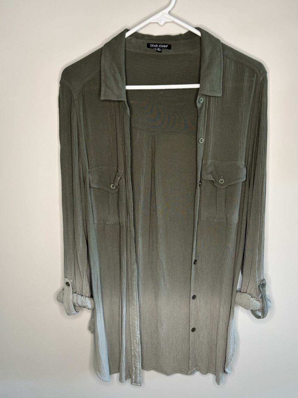 Dear John Women’s Shirt Top Button Up Olive Green Ombré Roll Tab LS Medium